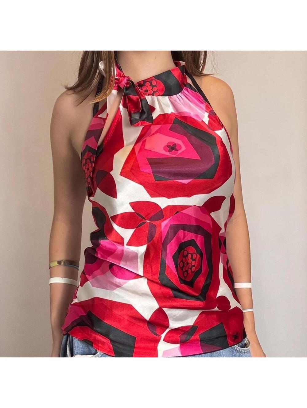 Vintage A. Byer red and pink floral satin halter top with neck tie! Size medium